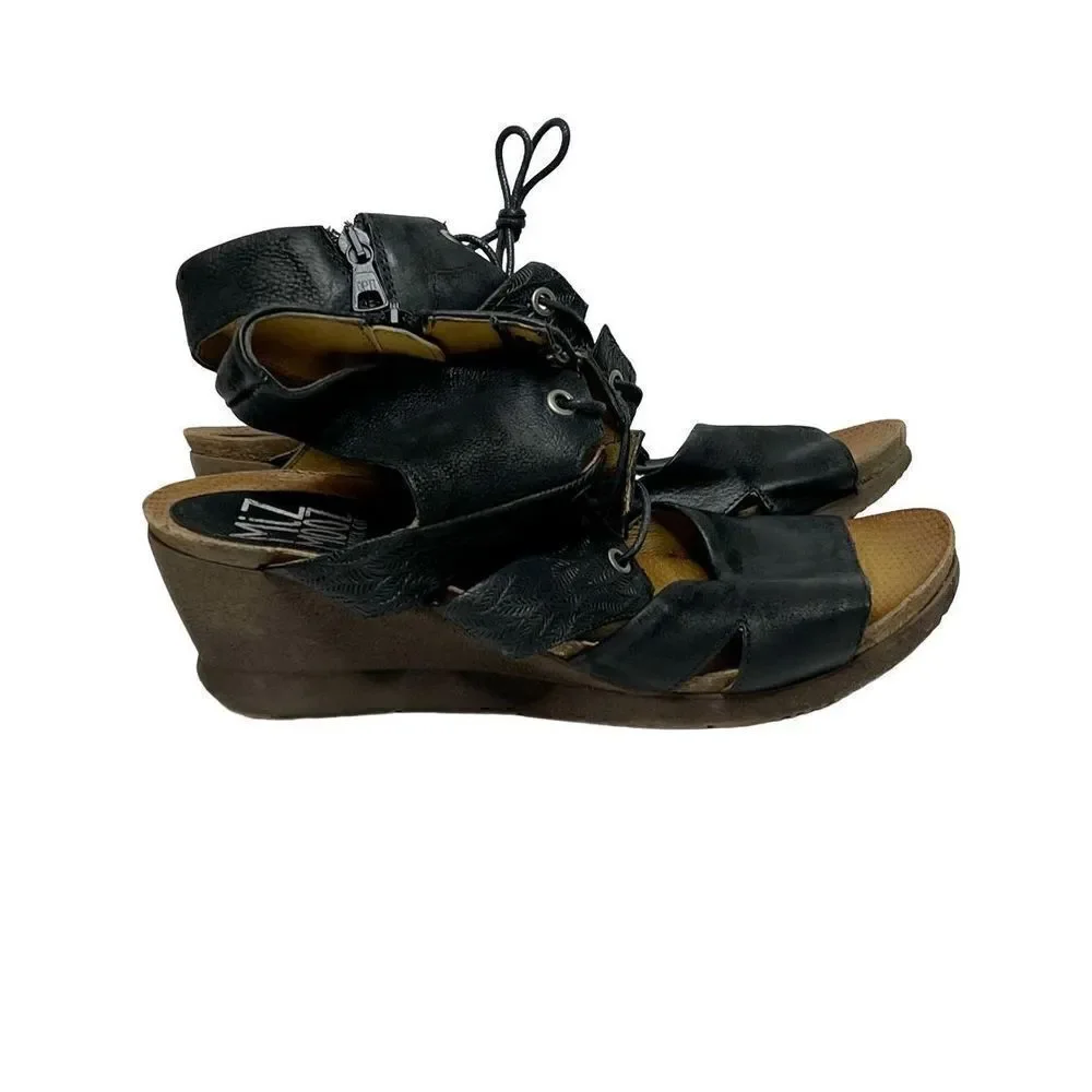 Miz Mooz black leather Sierra demi-wedge lace up gladiator sandals size 42 (10.5